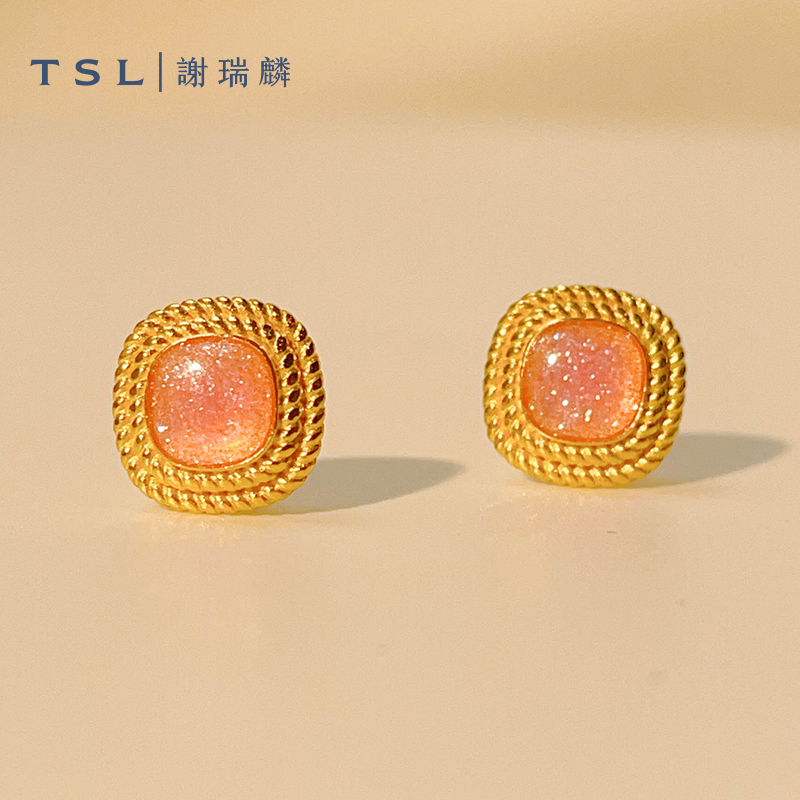 TSL/谢瑞麟计价足金岁月复古小面包耳钉黄金简约气质小方糖耳饰