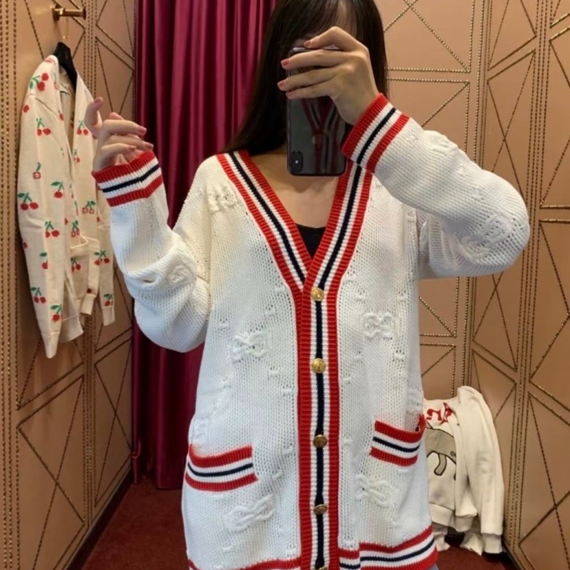 95新 GUCCI/古驰 CW0070 拼色条纹logo提花镂空羊毛针织开衫外套