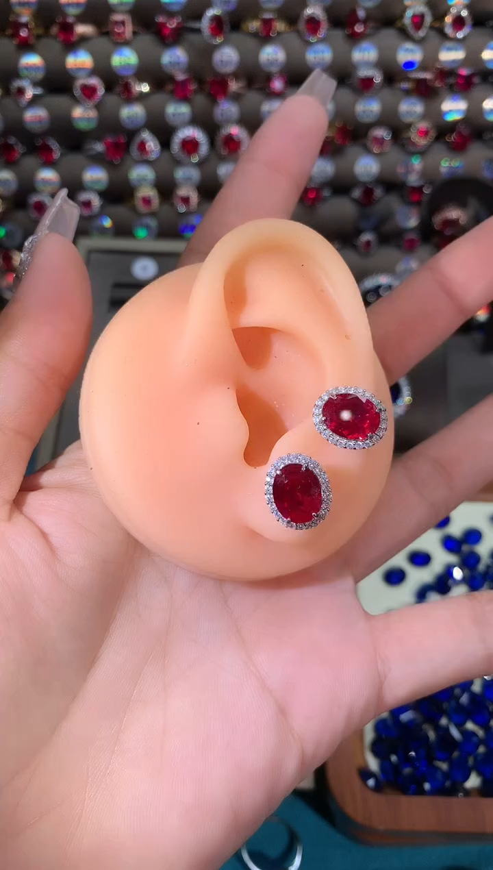 银S925镶嵌耳饰红宝石810白