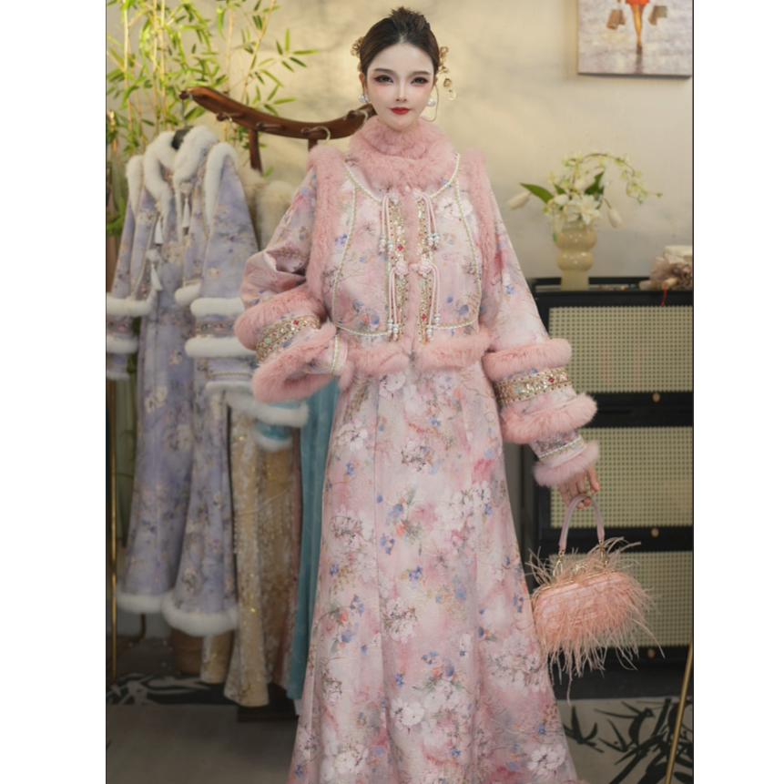 夏维莲2025冬季新款复古粉色加绒加厚女装裙子套装（5921+5931