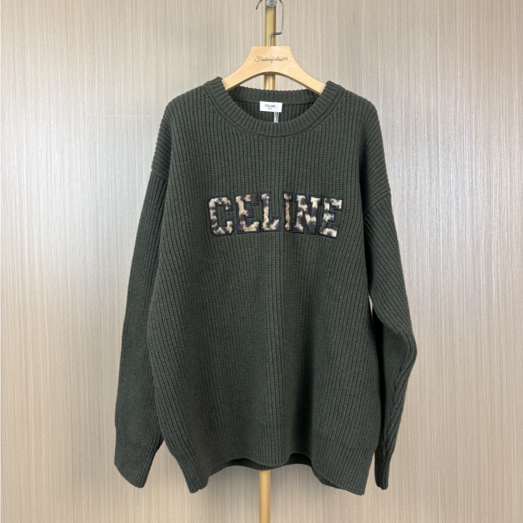 99新 Celine/思琳 胸口刺绣豹纹logo橄榄绿毛衣 XS  16066647