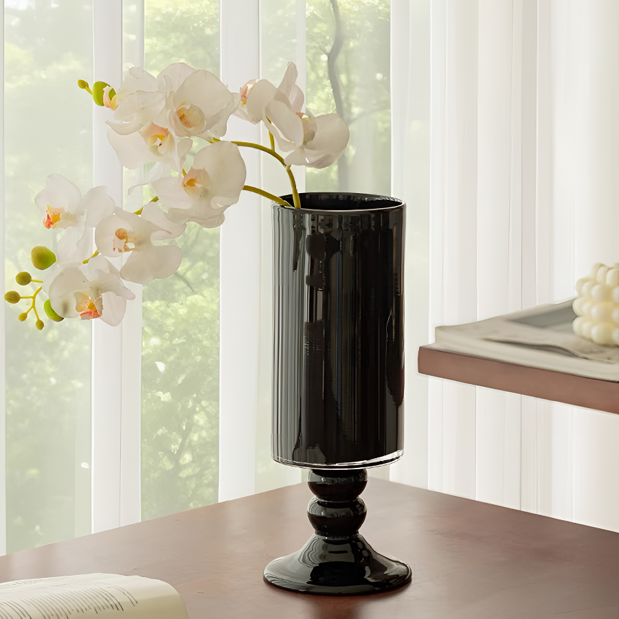 黑色高脚玻璃花瓶琉璃花瓶高级感中古法式复古ins风禄根仿真花