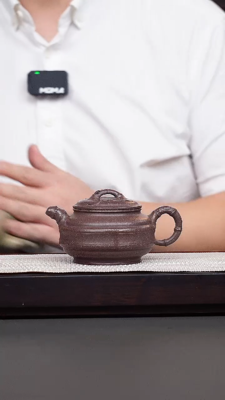 茶壶紫砂紫玉金砂双线竹鼓