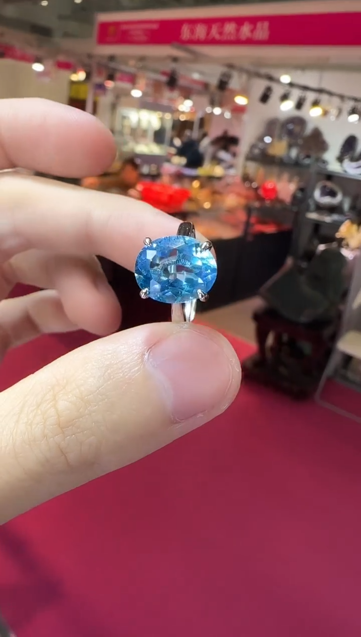 银S925镶嵌戒指托帕石12*10mm妖姬蓝