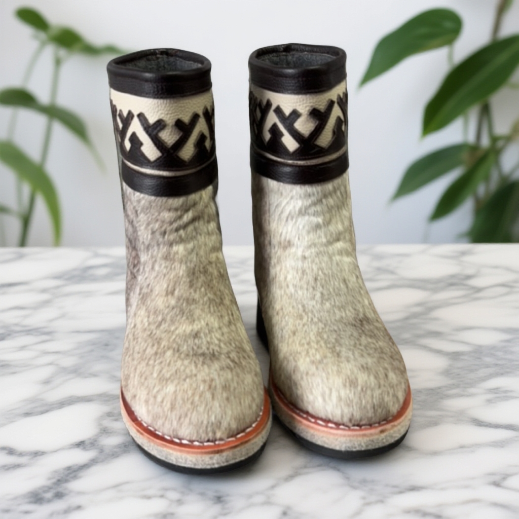 男款祥云逐路马毛靴厚款民族风防滑一脚蹬时尚中筒雪地靴冬季