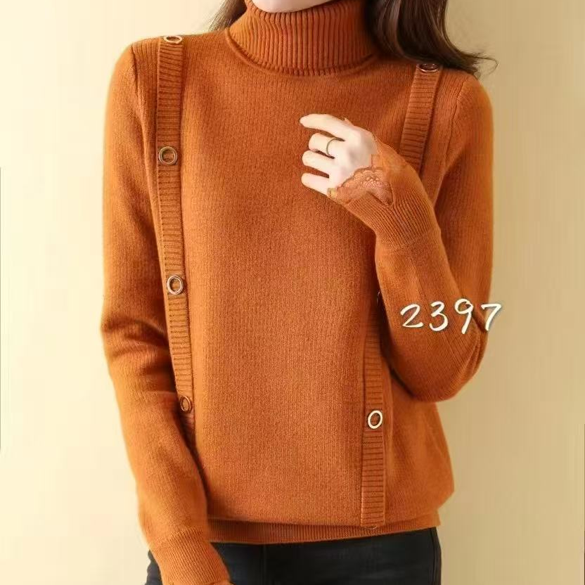 纯色高领钉扣针织毛衣衫袖子蕾丝拼接