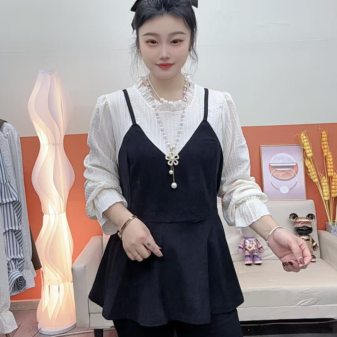 秋冬季大码女装气质拼接撞色雪尼尔假两件衬衫