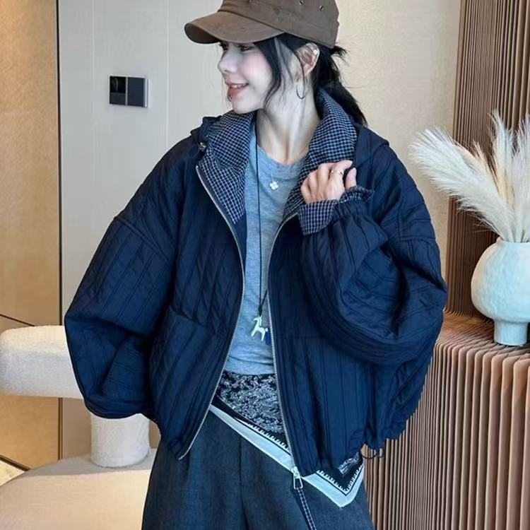 韩系复古撞色格纹压格棉服外套牛仔时尚休闲百搭连帽