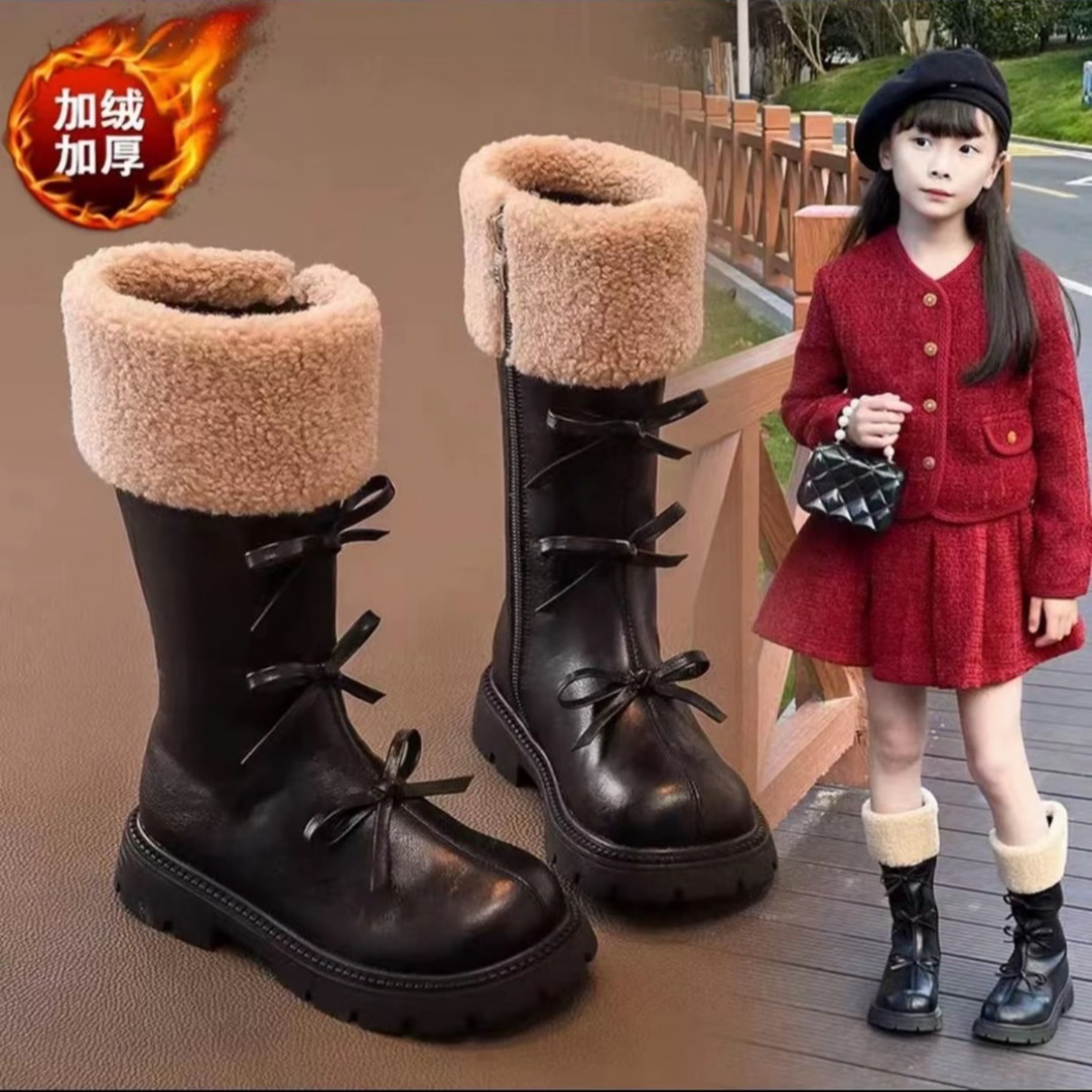女童美拉德靴子儿童长筒靴2026新款秋冬款加绒长靴女孩高筒靴演出