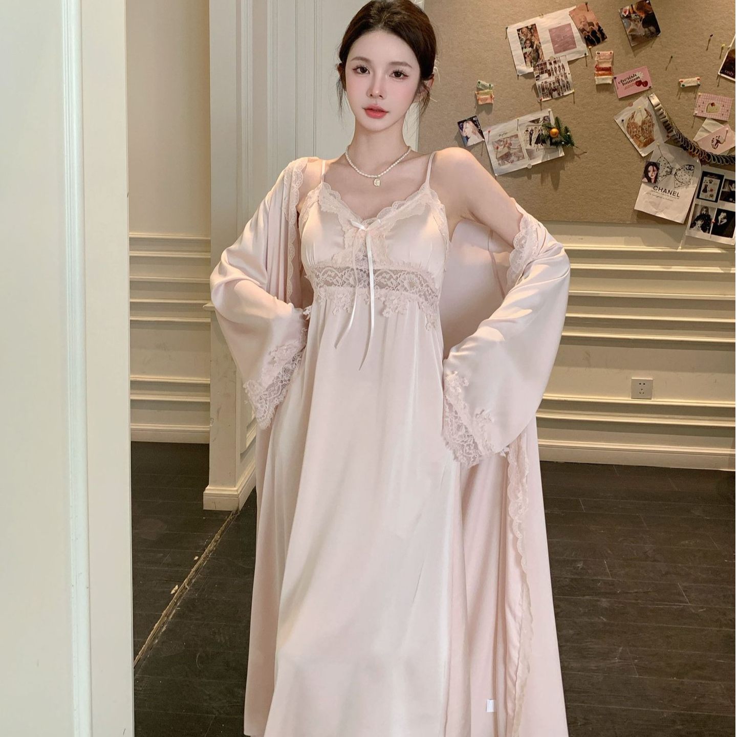 【海棠花】2025秋季新品甜美加长款睡袍吊带睡裙纯欲风睡袍长袖