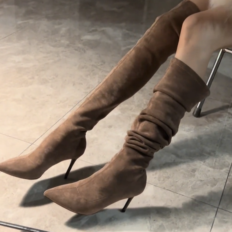 黑色高跟瘦瘦靴女细跟尖头弹力袜靴过膝靴时尚显瘦长筒靴秋冬新款