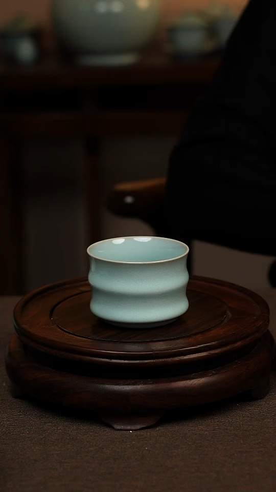 瓷片天青色全手工竹节杯100ml微瑕不带礼盒