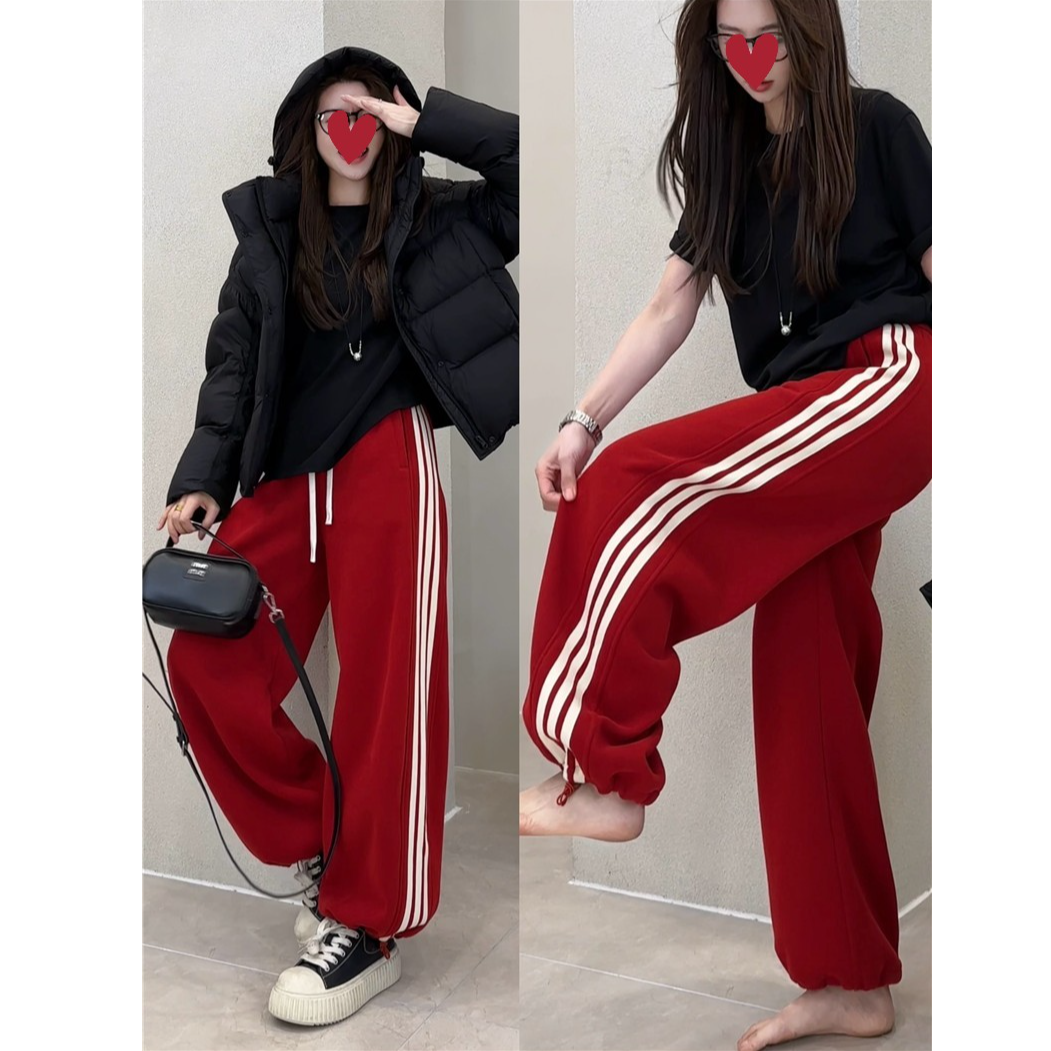 2025冬季新款加绒加厚条纹卫裤女宽松撞色百搭休闲裤抽绳校服裤子