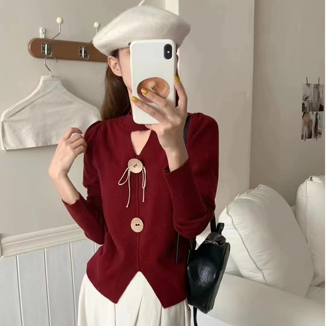 楚楚买手精选实体爆款显瘦气质长袖针织时尚打底红色秋冬