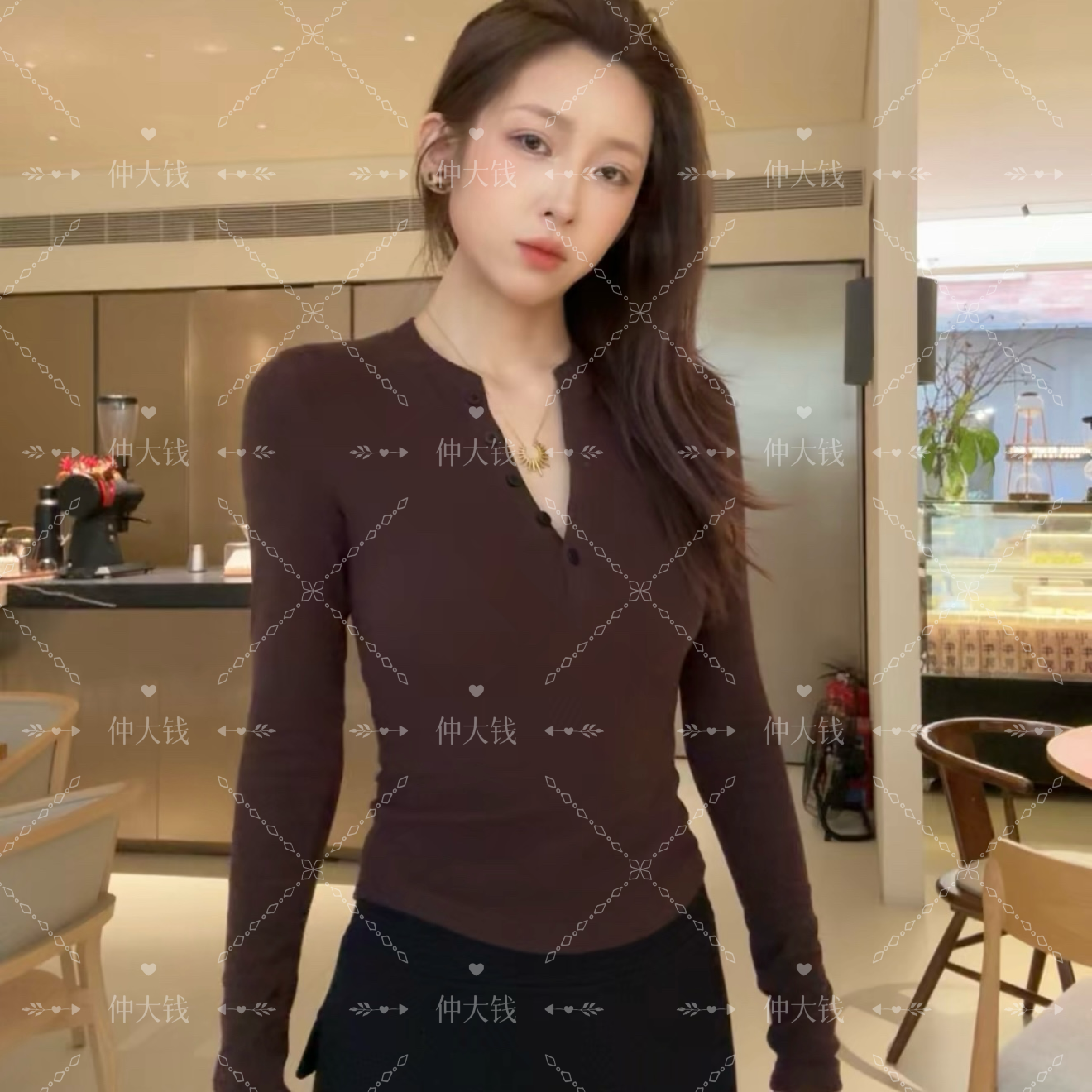 【8193】亨利衫女长袖T恤v领秋冬修身保暖低领打底衫半开领上衣