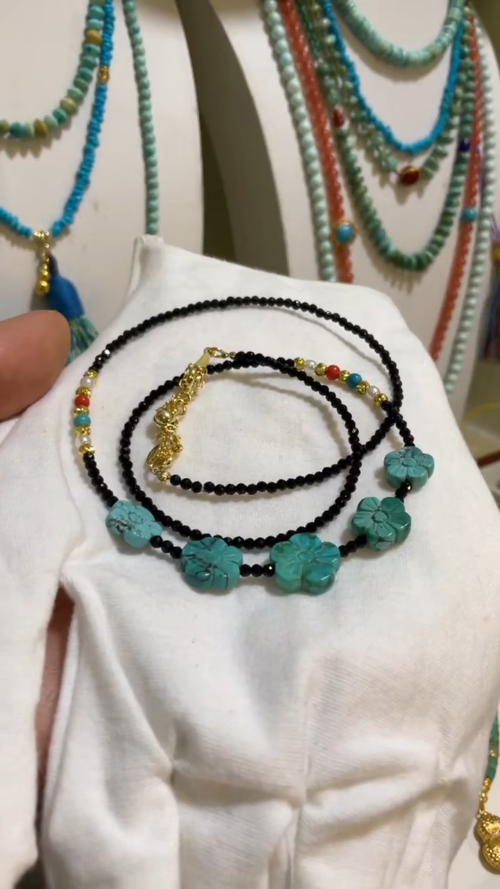 未镶嵌绿松石珠宝奇石花花项链