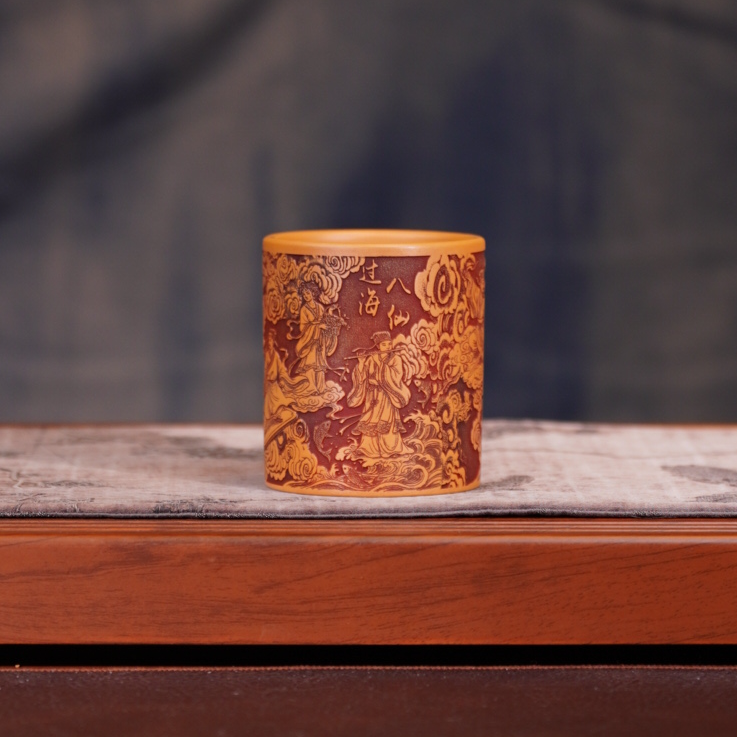 宜兴全手工原矿正宗茶具黄金朱泥刻绘八仙过海精致直筒精品紫砂杯