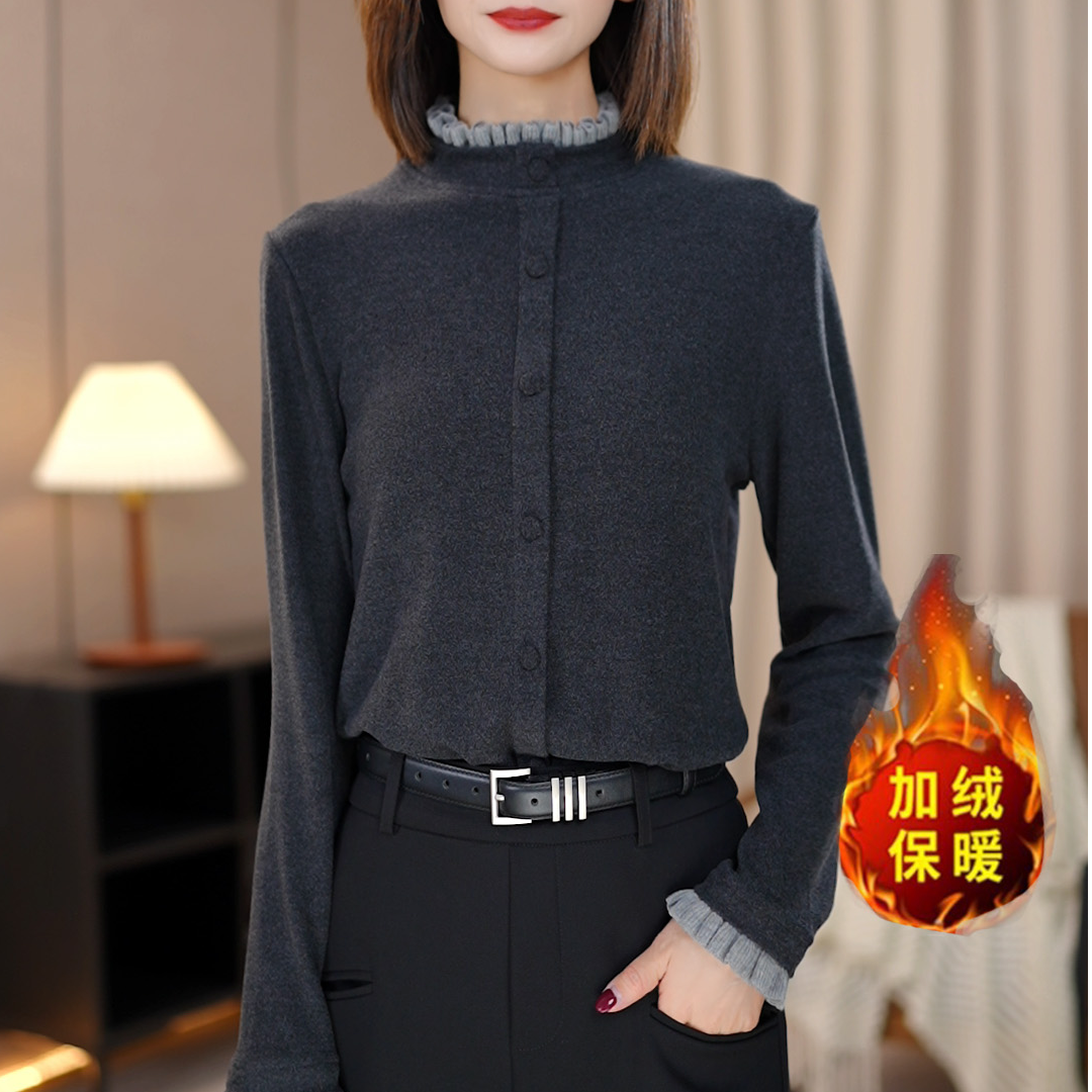 冬季新款加绒加厚针织领设计感女款2024秋装爆款打底衫内搭百搭