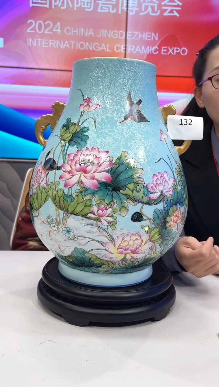 【闪购商品】其他天青底扒花花鸟双耳福筒尊132
