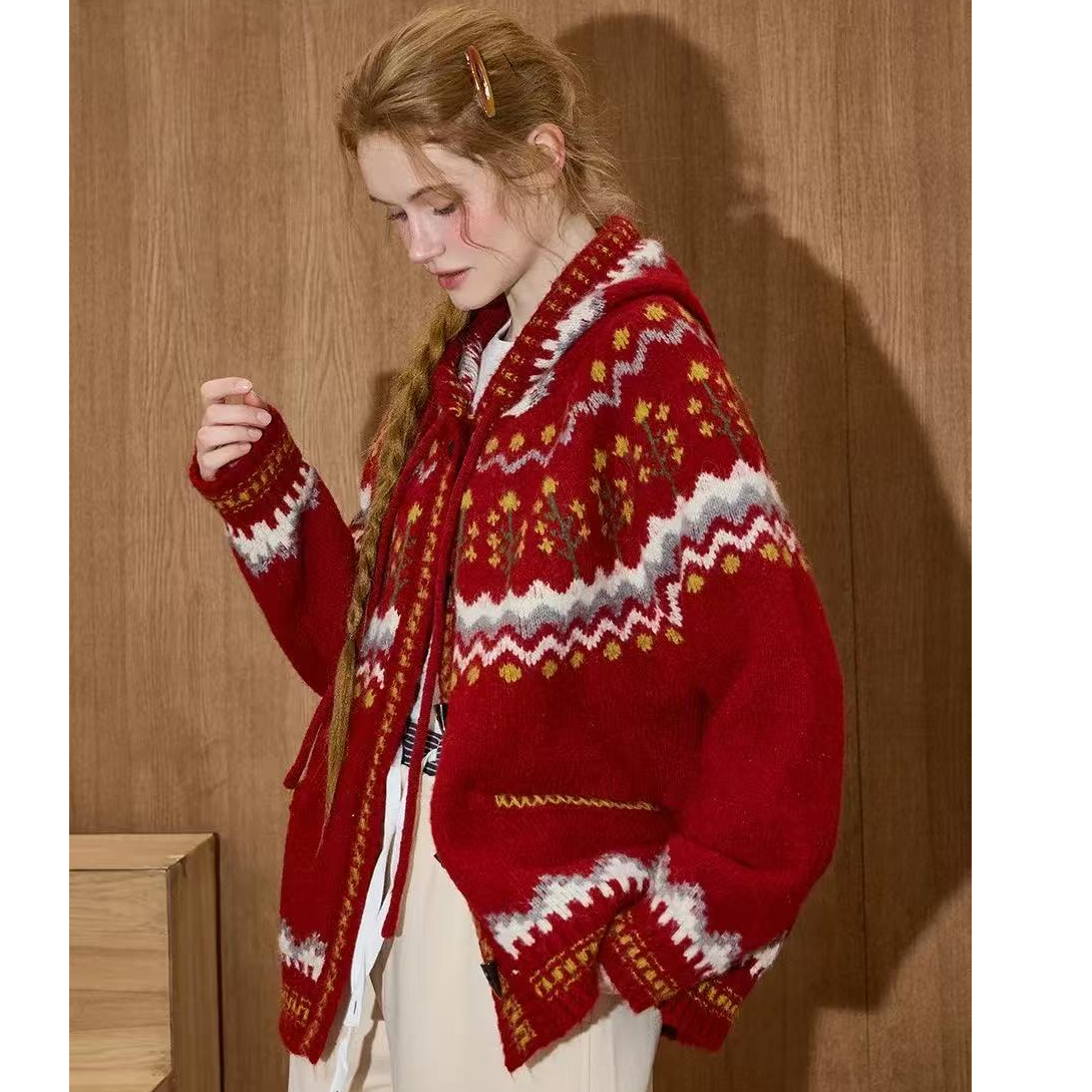 新年红色连帽毛衣提花中长款民族风费尔岛毛衣毛衣慵懒风7580