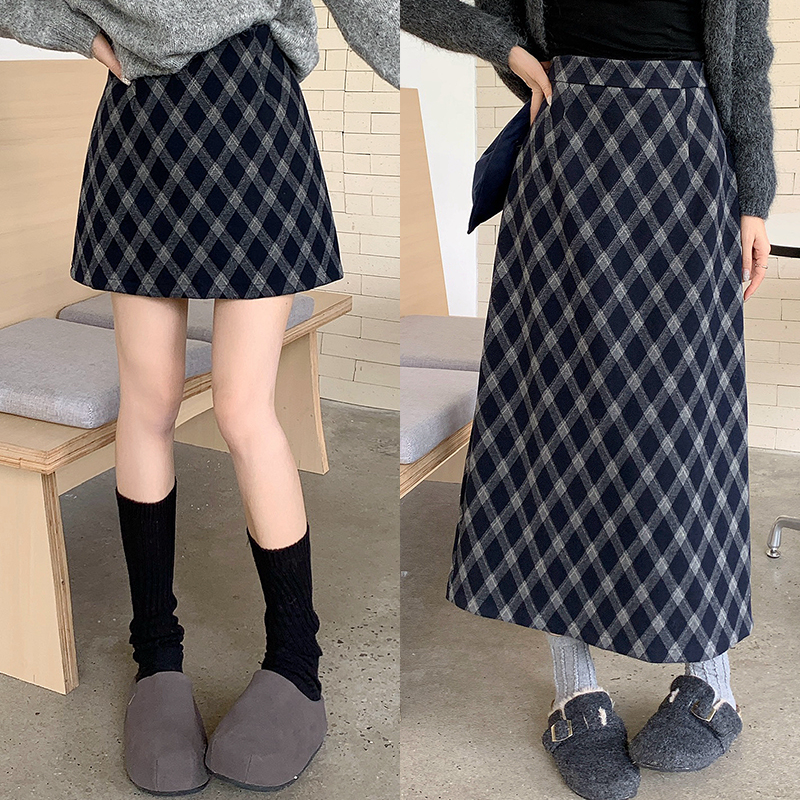 毛呢格纹中长款/短裙半身裙2025秋冬新款胖mm大码女显瘦小个子潮