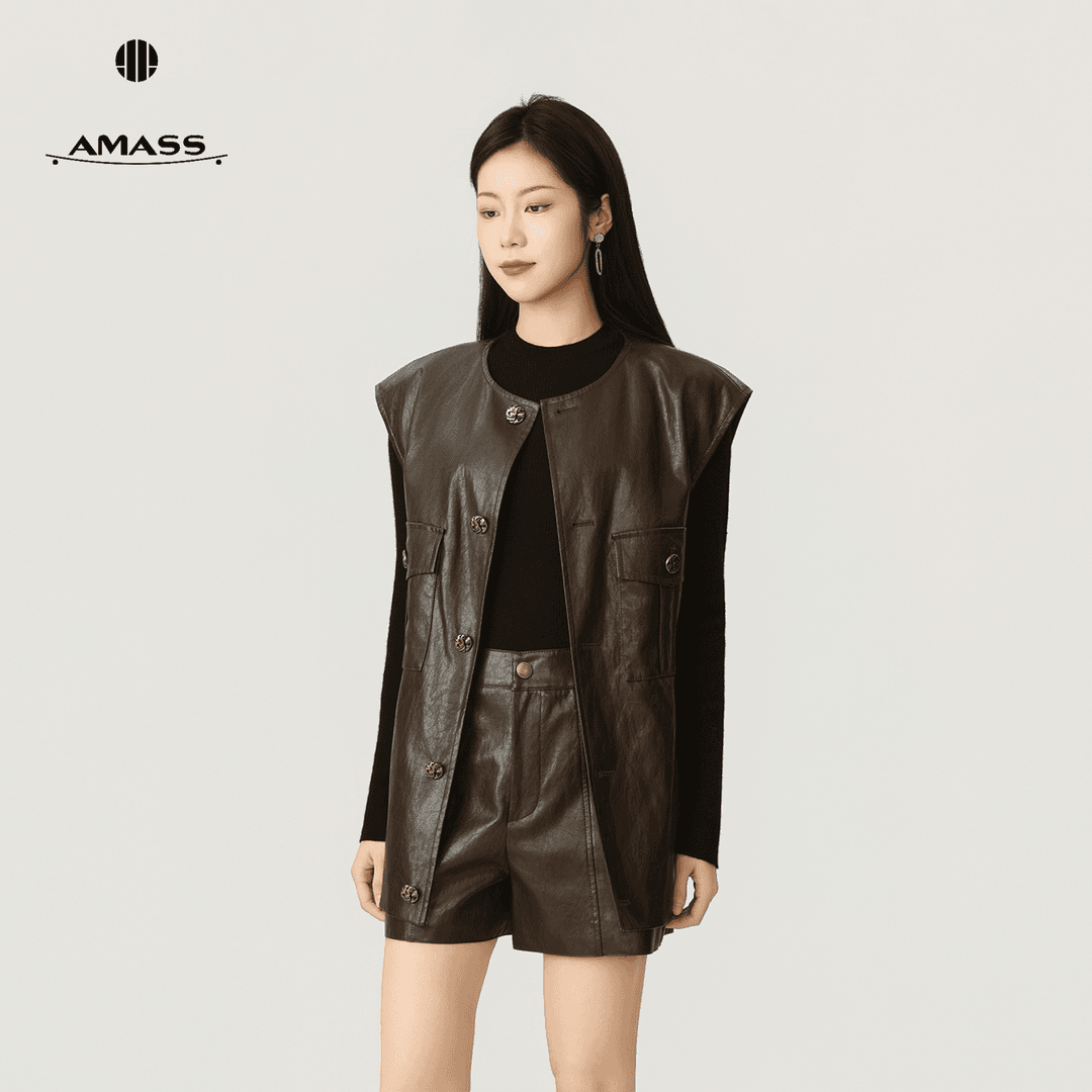AMASS/阿玛施新款黑色气质接拼时尚百搭高级质感皮衣马甲540032