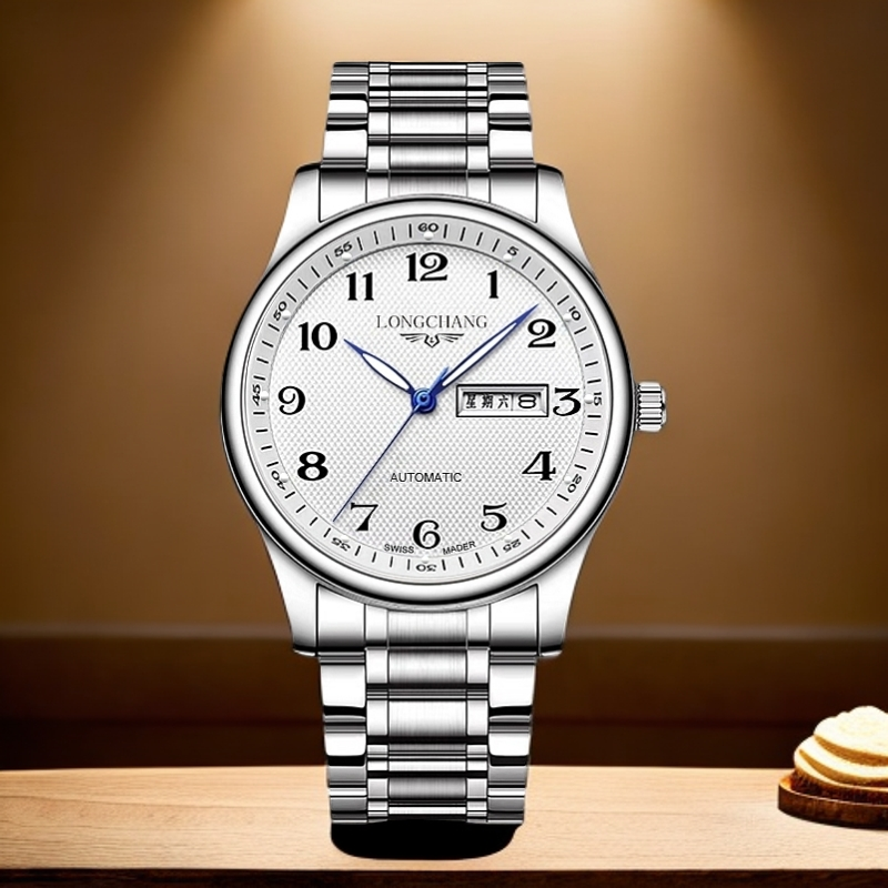 LONGCHANG正品实心钢带白面男士手表双日历防水时尚百搭潮流腕表T
