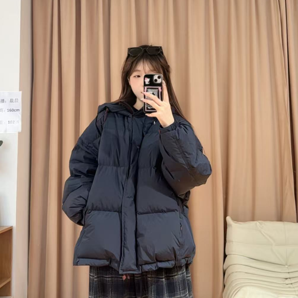 13697余小鱼【私服羽绒】藏青色连帽撞色抽绳时尚百搭冬羽绒服女装