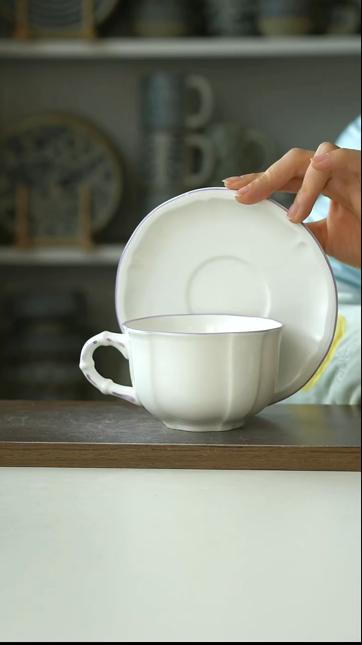 陶欧式浮雕紫边咖啡杯碟280ml@4-2@微瑕