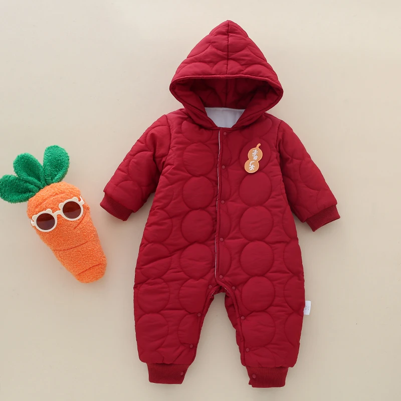 婴儿厚棉衣连帽拜年服红色加厚幼儿连体衣保暖棉服哈衣