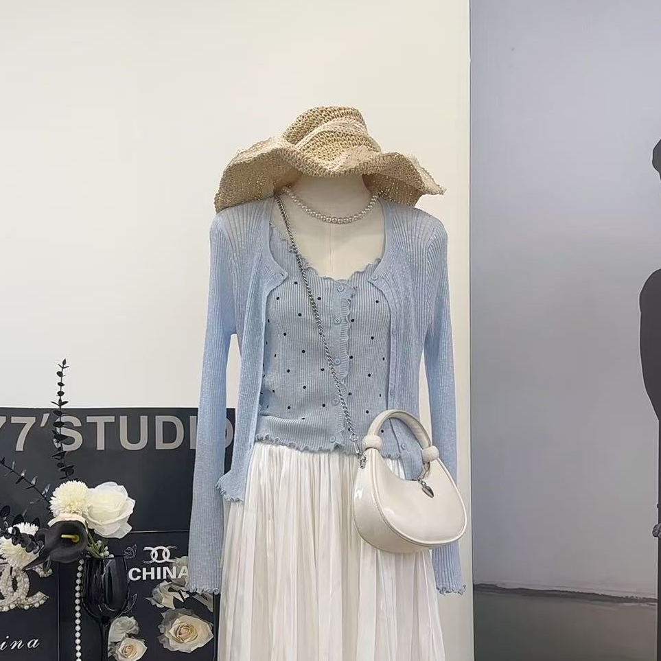 【夏日心动】韩版简约纯色针织衫+波点吊带背心两件套上衣-761