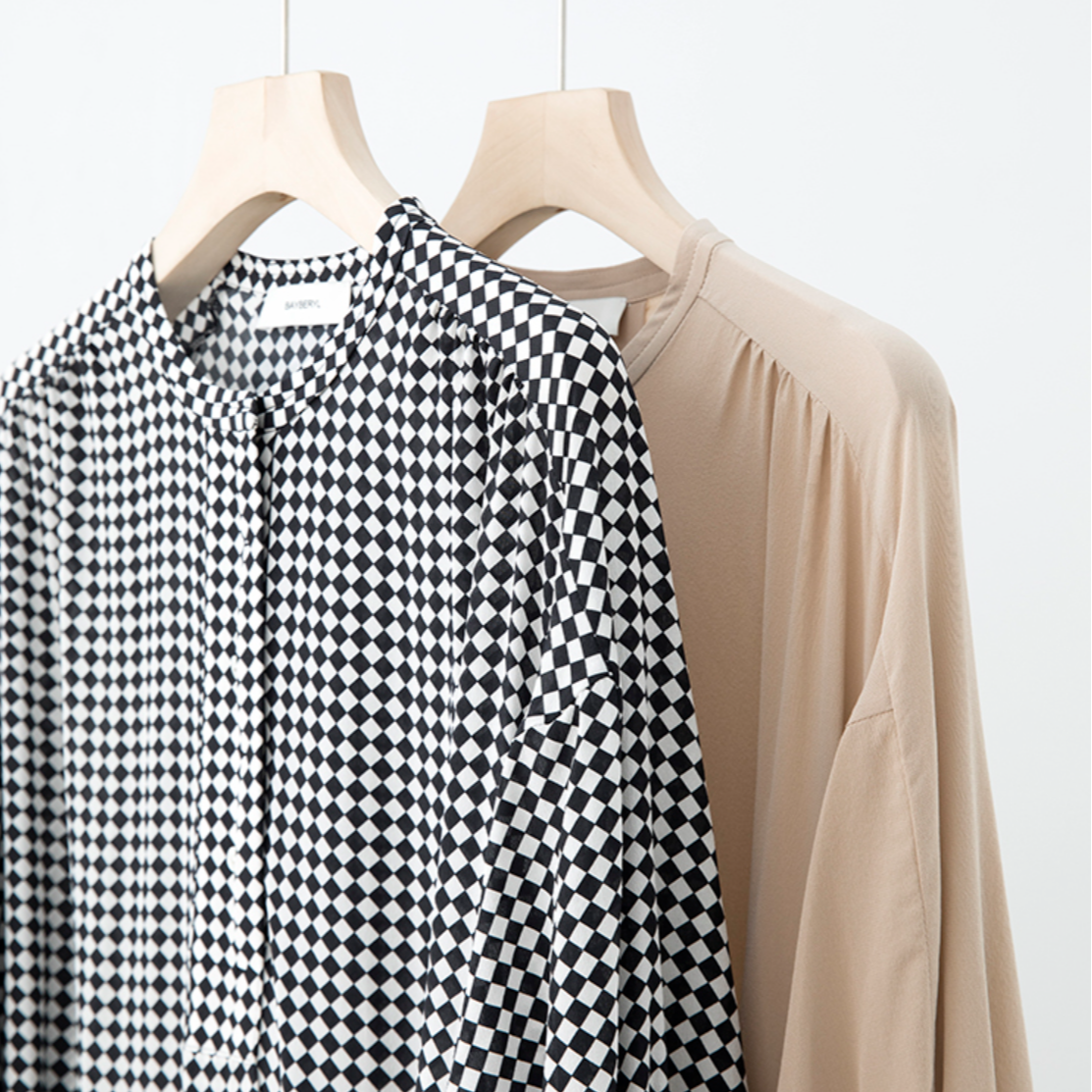 沙色棋盘格圆领系带灯笼袖连衣裙DR3D1108