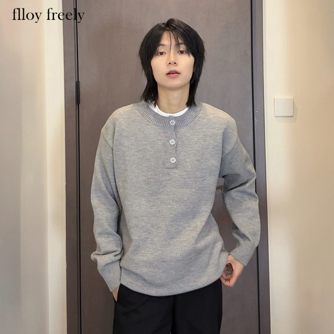 Flloy freely灰色圆领毛衣针织衫男秋美式潮牌内搭打底慵懒风线衣