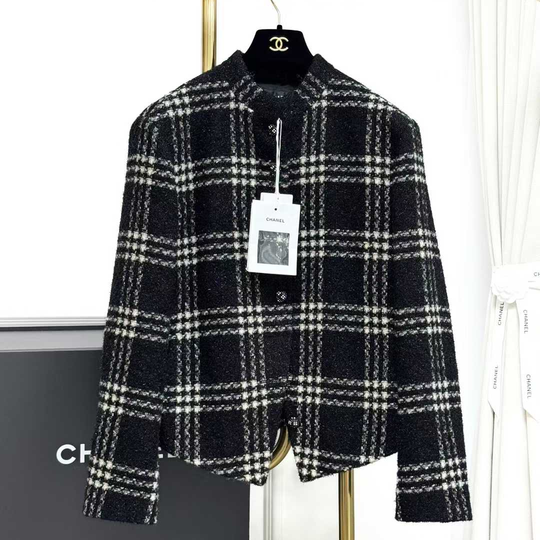 99新 Chanel/香奈儿 38码22K黑白格纹长袖立领粗花呢外套