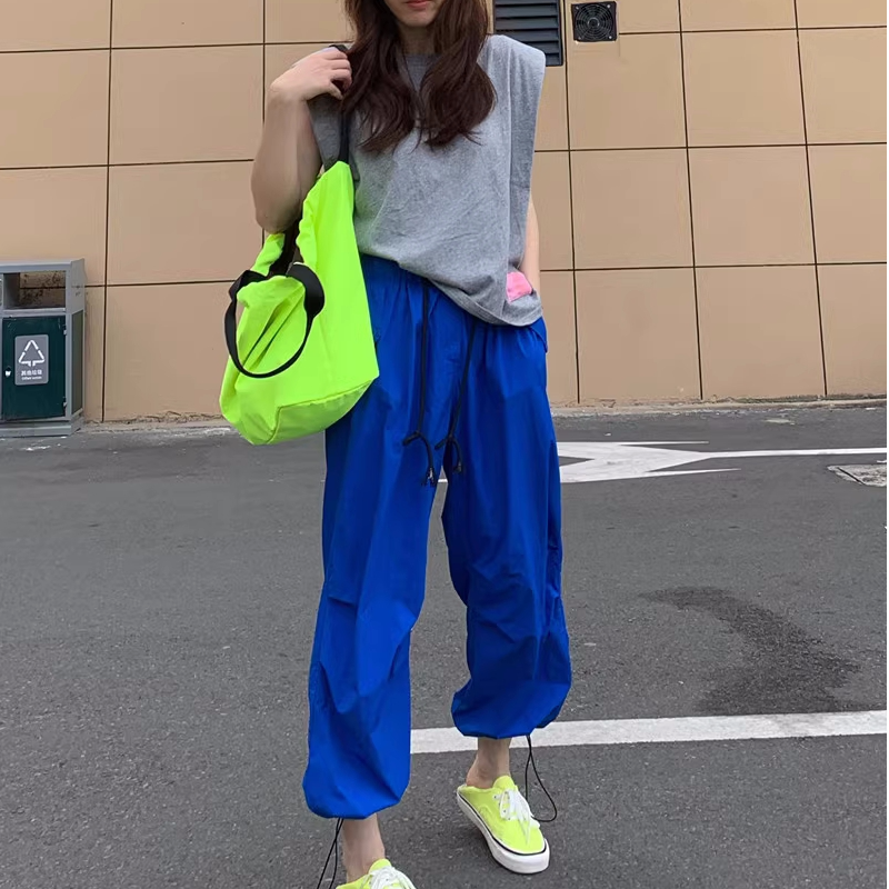 现货2025春夏季大码松紧腰凉快防晒宽松显瘦宝蓝色降落伞工装裤