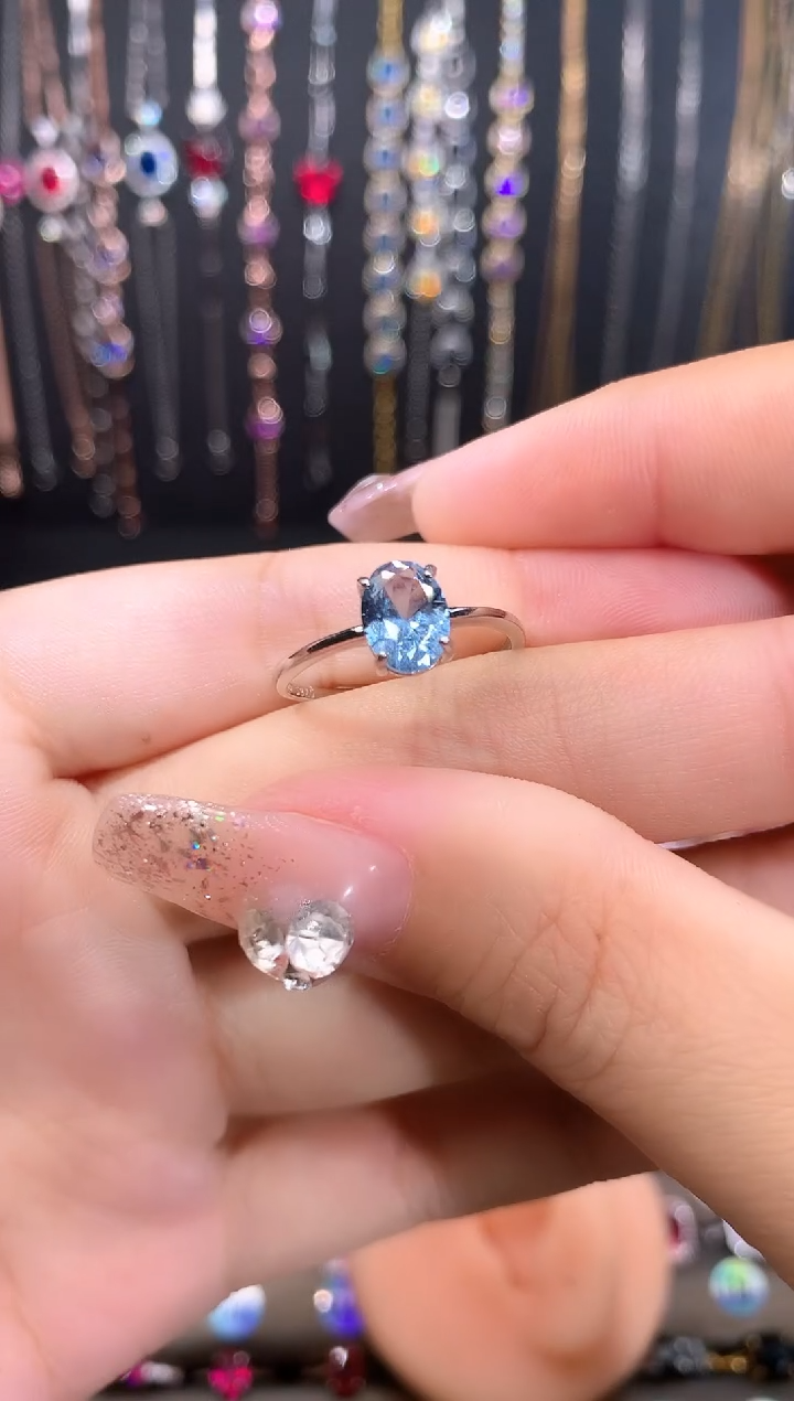 蓝宝石戒指银S925镶嵌银色68