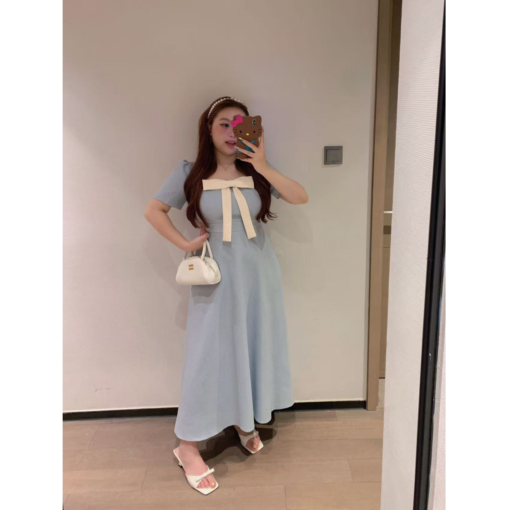 慧芝huizhi DS351蓝色波点蝴蝶结裙定制款重工公主收腰显瘦连衣裙