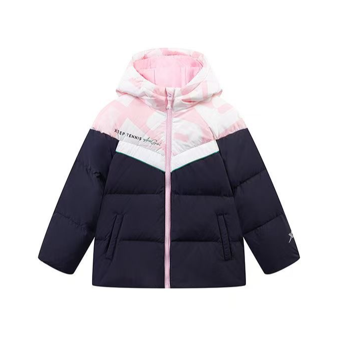 2024女小童拼接款冬季连帽羽绒服