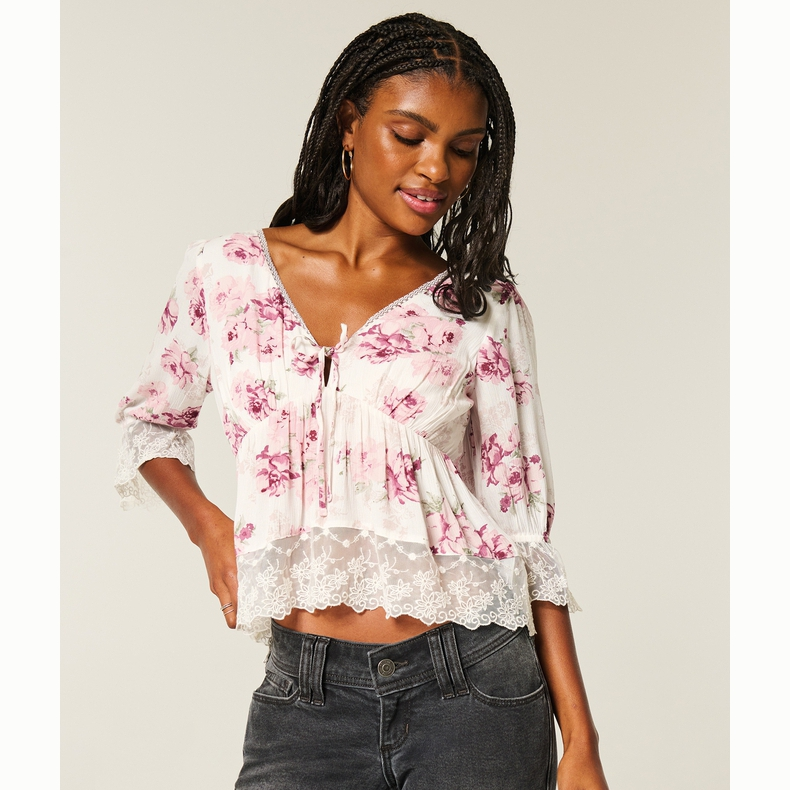 Hollister25秋冬新款美式辣妹蕾丝装饰系带V领衬衫女装340-5470