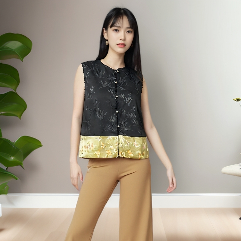 深圳南油时尚新款爆款新中式女装中国风刺绣提花珍珠马甲