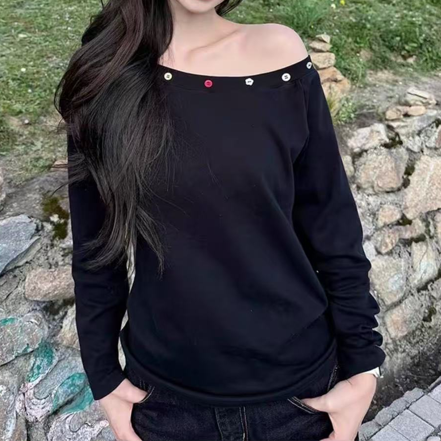 美式复古黑色斜肩长袖t恤女春秋新款设计感宽松显瘦辣妹露肩上衣