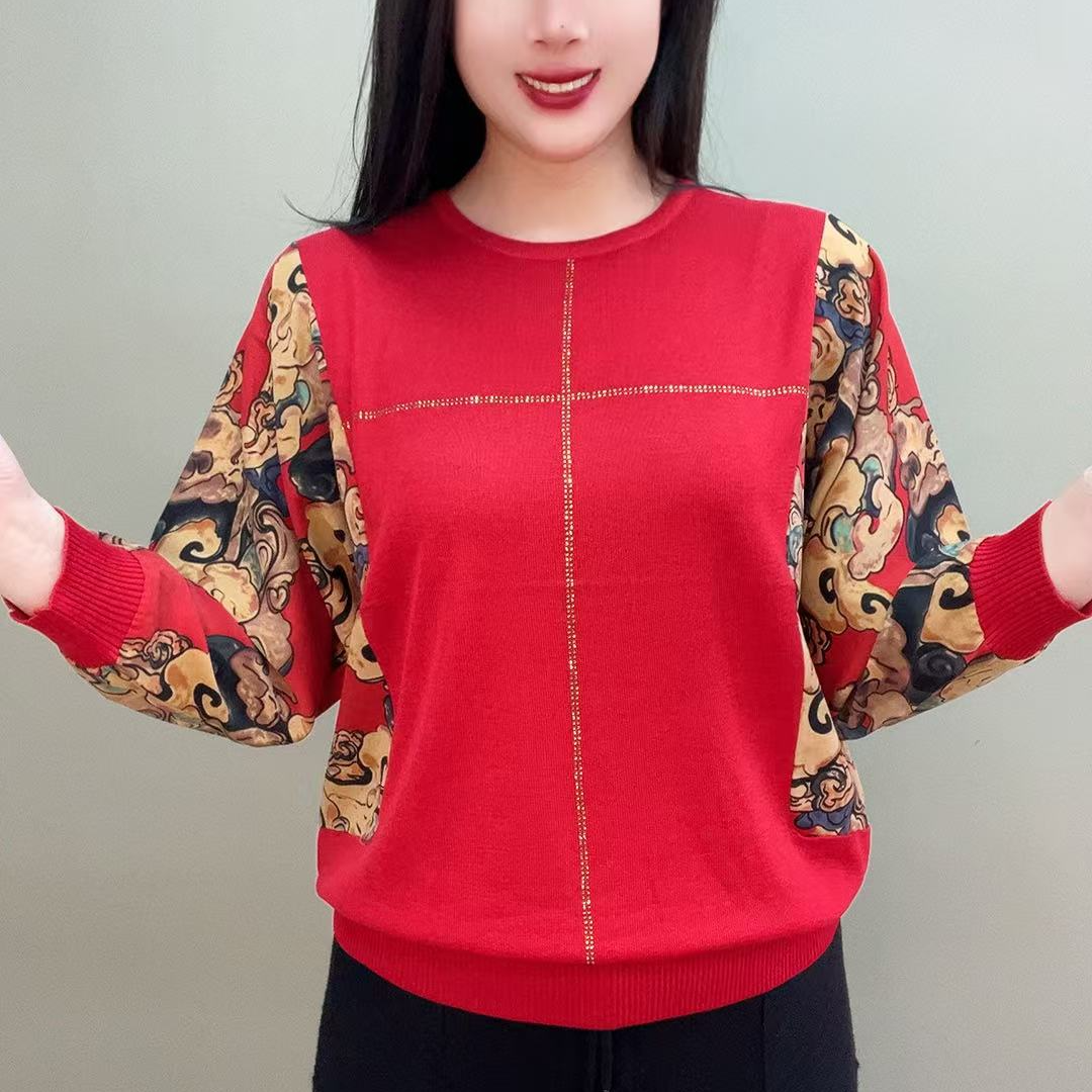 014款祥云彩袖拼接针织衫