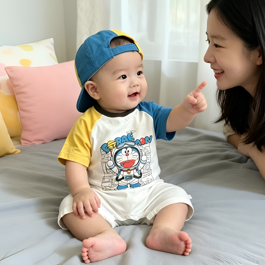 夏季拼色哆啦A梦哈衣拼色男女宝外出服婴幼卡通动漫可爱爬服哈衣