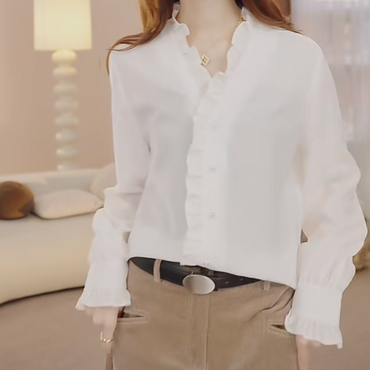 设计感法式浪漫木耳边V领长袖衬衫女2025春季新款100莱赛尔白衬衣