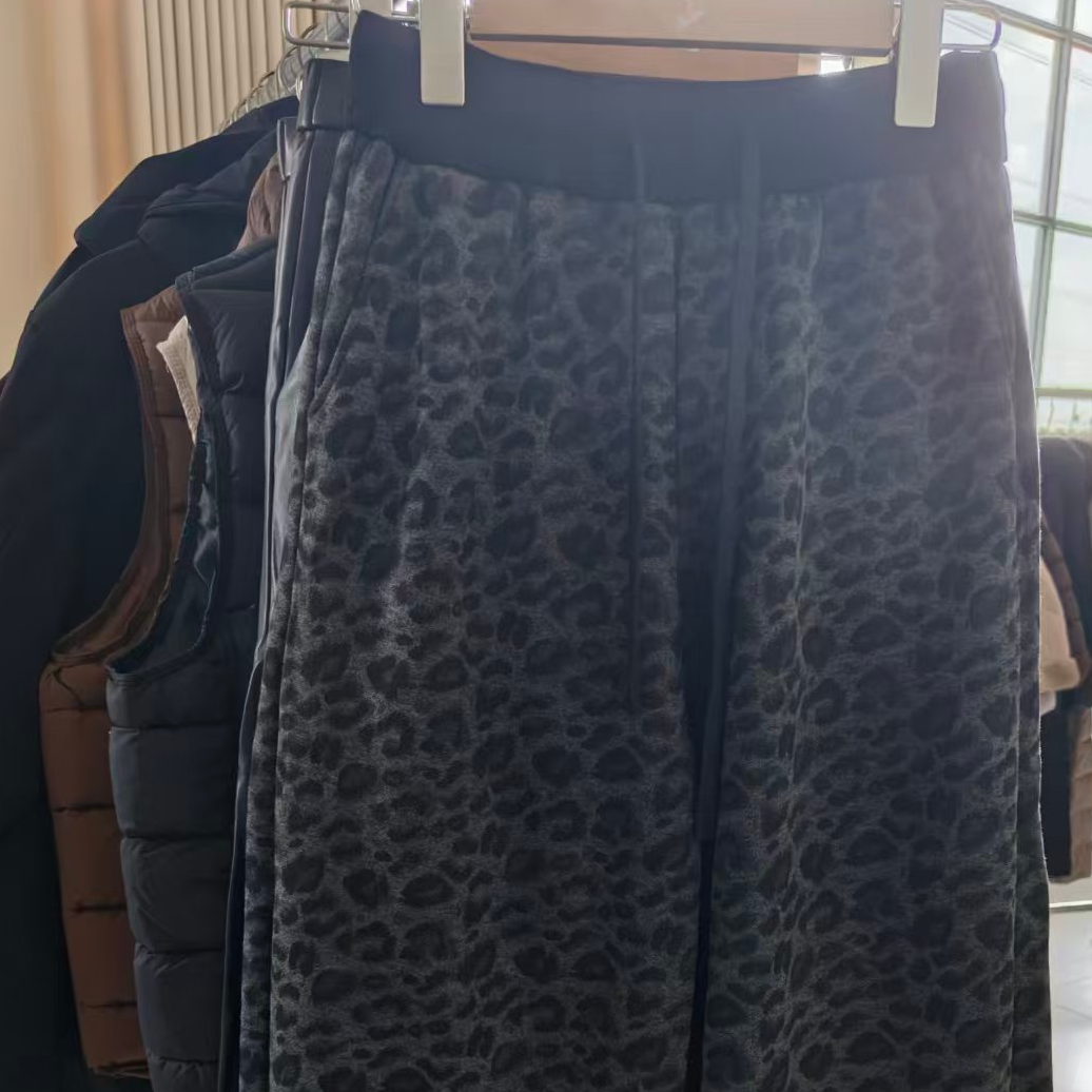 银狐豹纹中腰拼接休闲风弯刀裤速干黑色女装加绒L6801