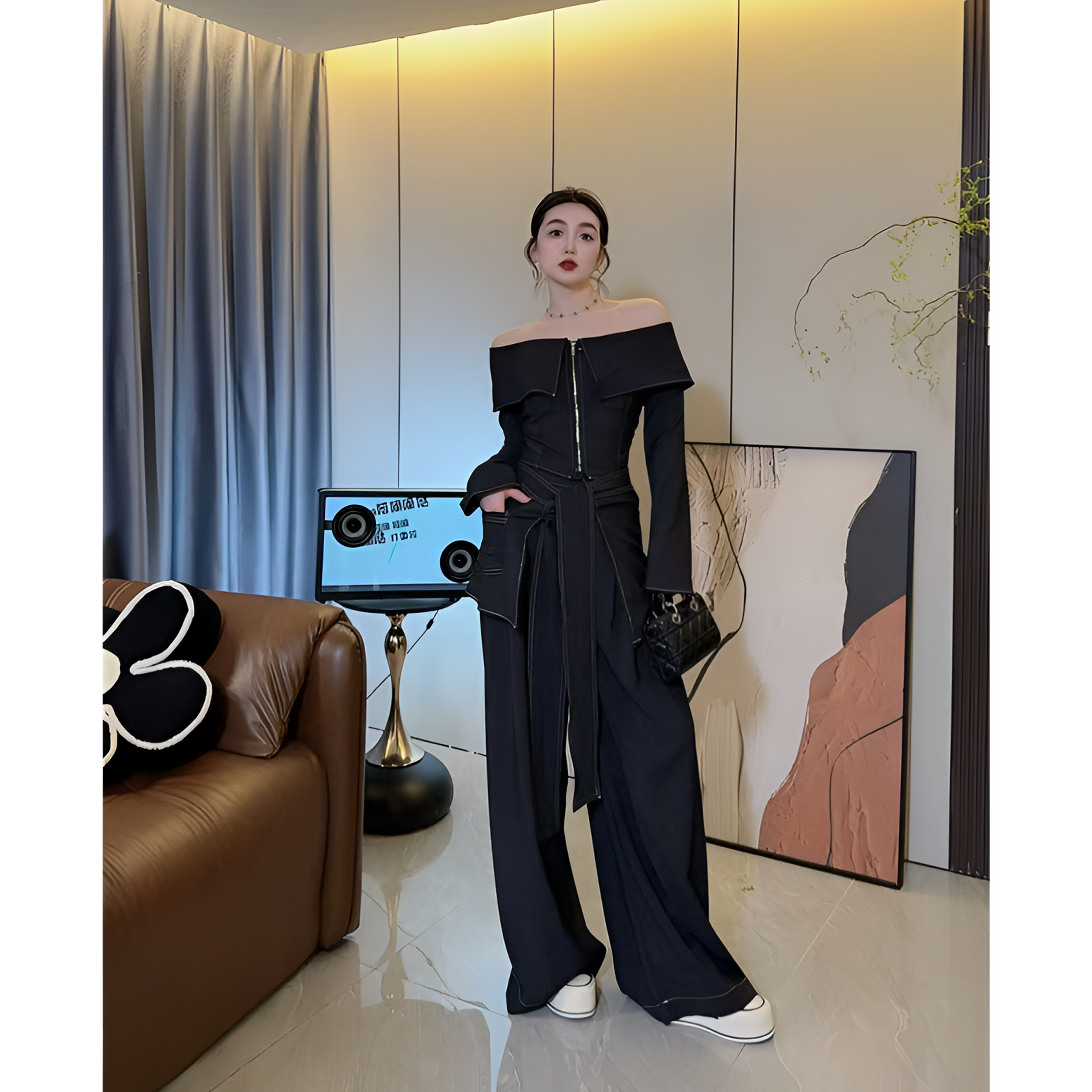 法式气质时尚牛仔布露肩气质套装 【主理人】 显瘦辣妹风P9SD355066