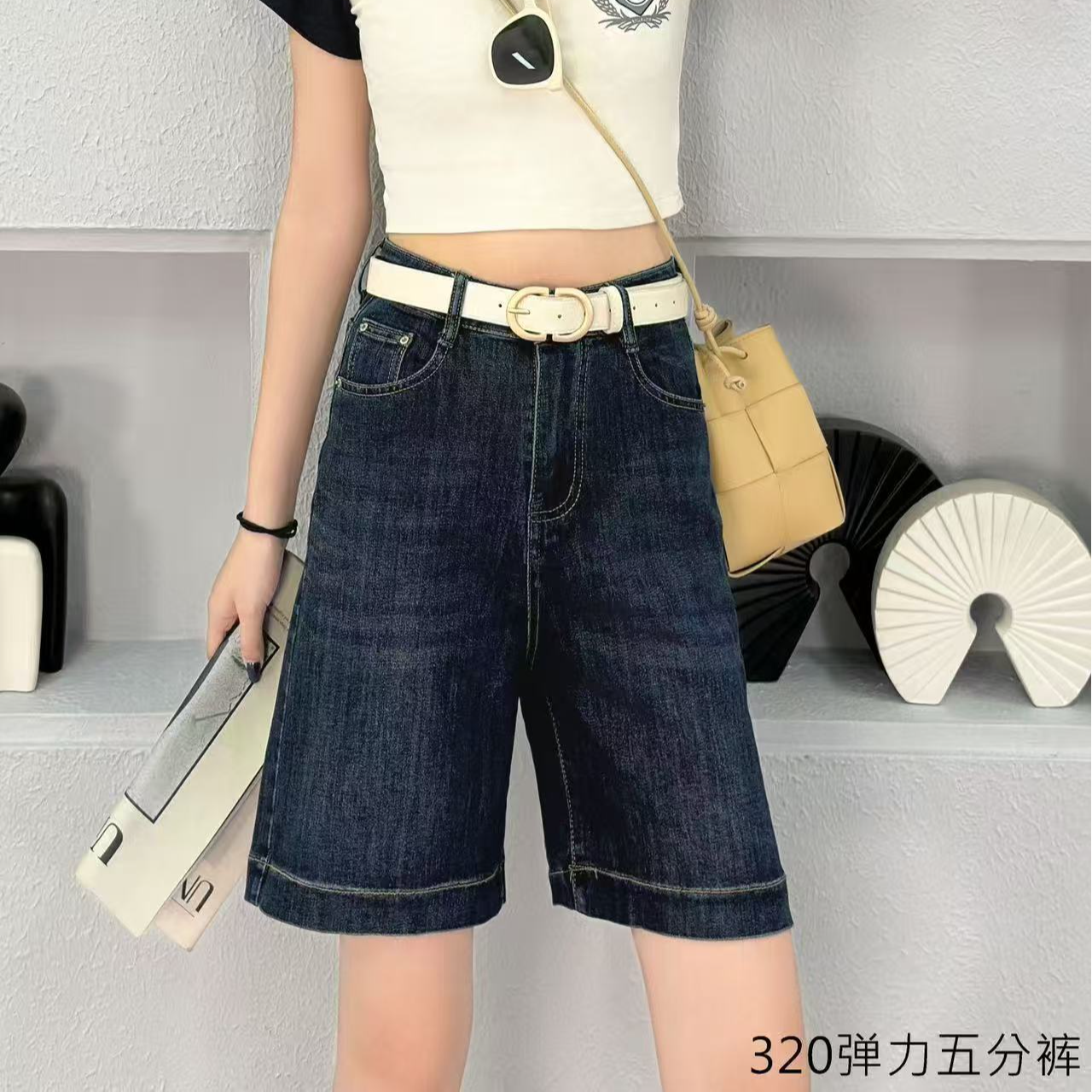 小鑫肝@现货浮力装饰贴标带扣百搭弹力五分牛仔短裤 320