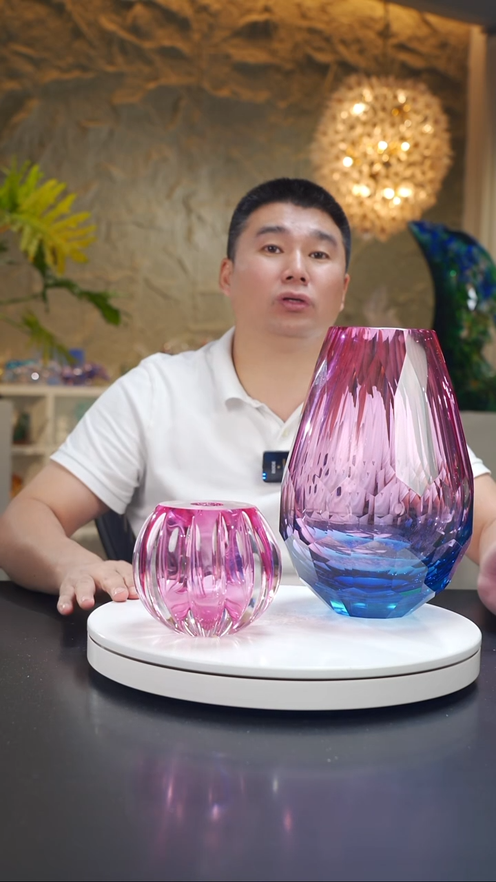 手工艺品琉璃金红蓝切面花器+底座+金红香薰瓶