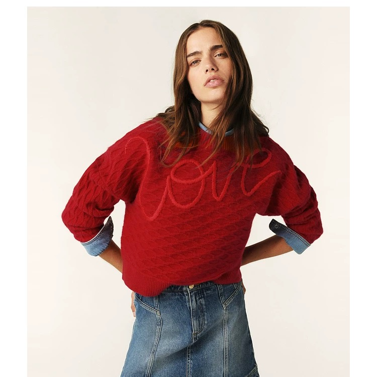 【热巴同款】bash冬季圣诞红色绵羊毛混纺针织衫新年毛衣