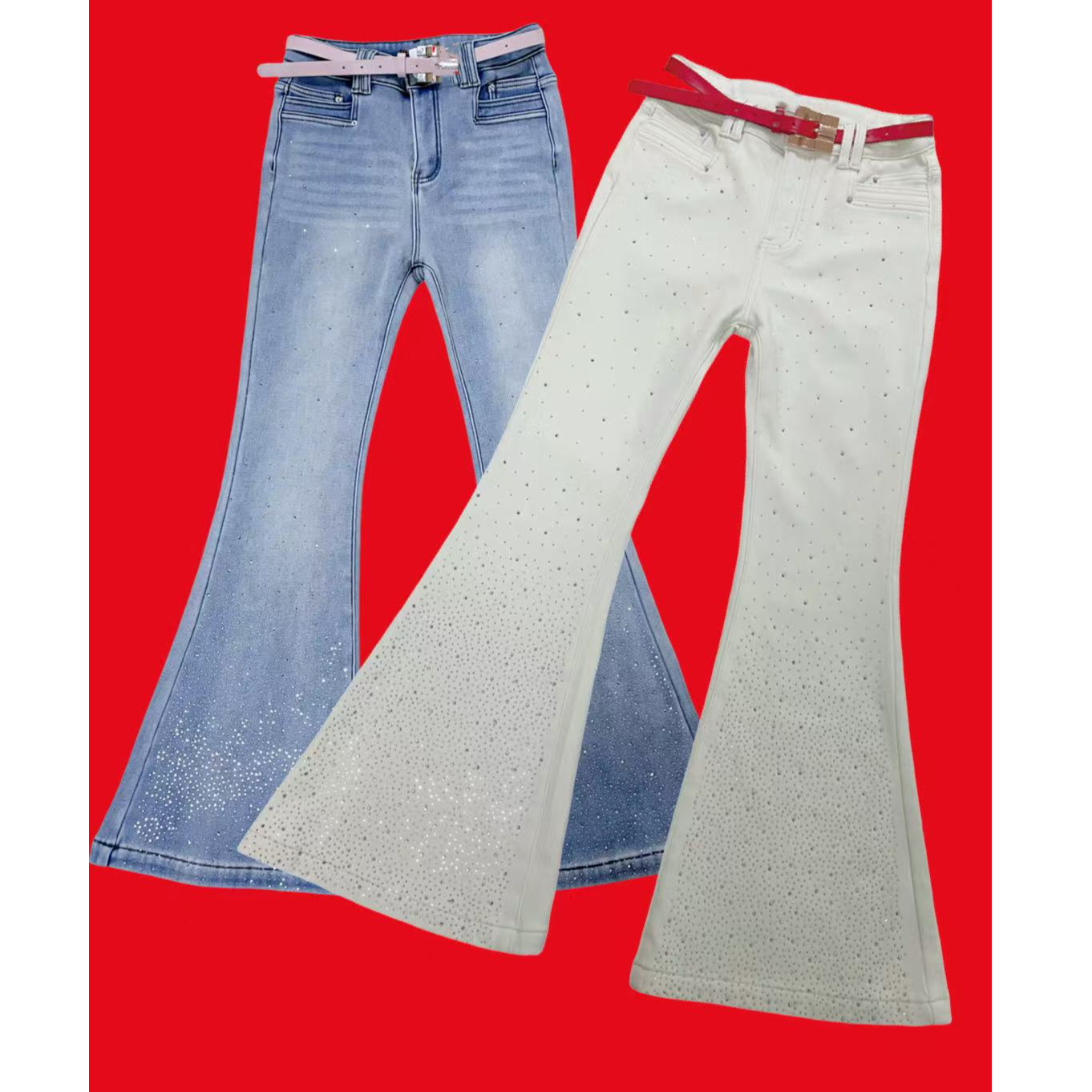 【漫老板】8589私服 定制重工曼天星钻加绒牛仔喇叭裤